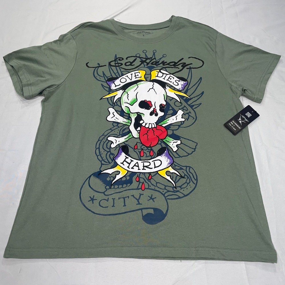 Ed Hardy Mens Love Dies Hard Skull Graphic T-Shirt Olive Green Large
